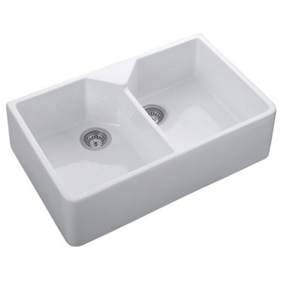 RAK Jacklyn 2-Bowl Gloss White Ceramic Belfast Butler Sink - Sit-on, 800 x 500 x 220 mm