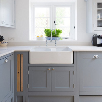 RAK Jacklyn 2-Bowl Gloss White Ceramic Belfast Butler Sink - Sit-on, 800 x 500 x 220 mm