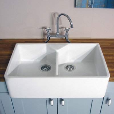 RAK Jacklyn 2-Bowl Gloss White Ceramic Belfast Butler Sink - Sit-on, 800 x 500 x 220 mm