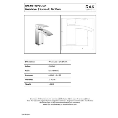 RAK Metropolitan Polished Chrome Modern Basin Sink Mixer Tap Solid Brass