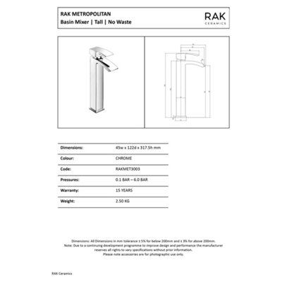 RAK Metropolitan Tall Polished Chrome Modern Basin Tap Solid Brass