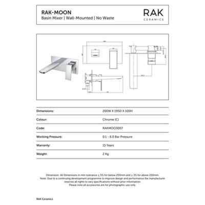 RAK Moon Matt Black Modern Basin Wall Mounted Sink Mixer Tap Solid Brass