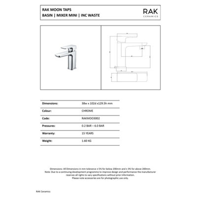 RAK Moon Modern Polished Chrome Basin Mixer Tap for Cloakrooms & Bathrooms, Solid Brass & Waste Included