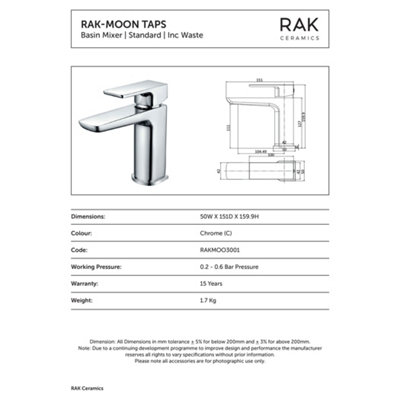 RAK Moon Polished Chrome Modern Basin Sink Mixer Tap Solid Brass