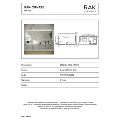 RAK Ornate 600x1200mm Brushed Nickel Square with Touch Sensor Illuminated Mirror IP44