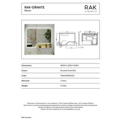 RAK Ornate 600x800 Brushed Gold Square with Touch Sensor Illuminated Mirror IP44