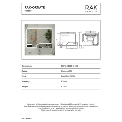 RAK Ornate 600x800mm Chrome Square with Touch Sensor Illuminated Mirror IP44