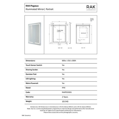 RAK Pegasus 600x800mm Silvery White Square with Touch Sensor Illuminated Mirror IP44
