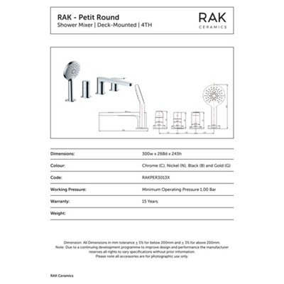 RAK Petit 4 Hole Matt Black Modern Bath Shower Mixer Tap Solid Brass