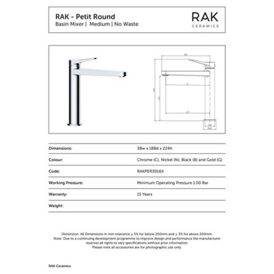RAK Petit Mid Height Brushed Nickel Modern Basin Mixer Tap Solid Brass