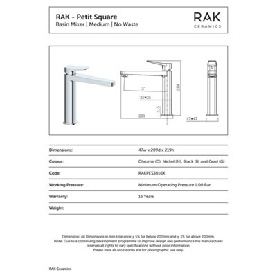 RAK Petit Mid Height Matt Black Modern Basin Mixer Tap Solid Brass