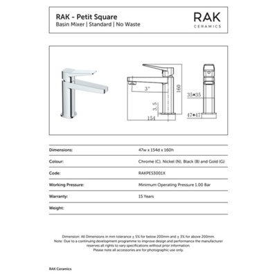 RAK Petit Polished Chrome Modern Basin Sink Mixer Tap Solid Brass