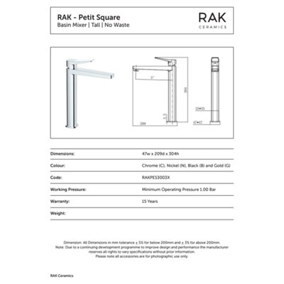 RAK Petit Tall Polished Chrome Modern Basin Tap Solid Brass