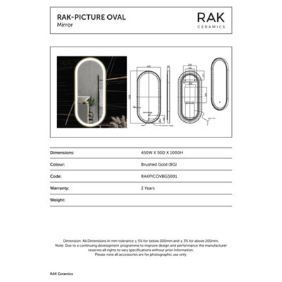 RAK Picture Oval 450x1000mm Brushed Gold Oval with Touch Sensor Illuminated Mirror IP44