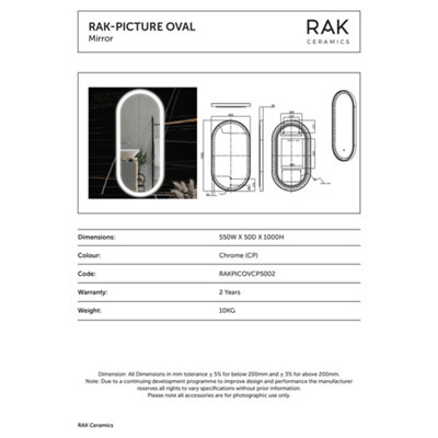 RAK Picture Oval 550x1000 Chrome Oval with Touch Sensor Illuminated Mirror IP44