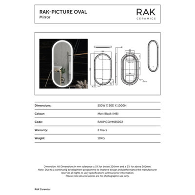 RAK Picture Oval 550x1000 Matt Black Oval with Touch Sensor Illuminated Mirror IP44