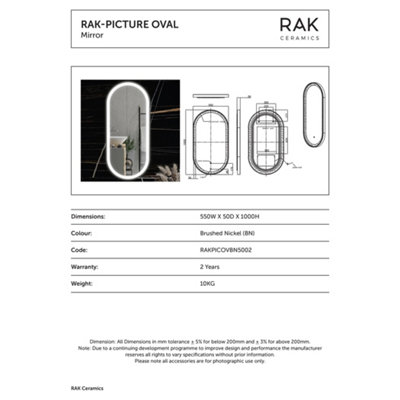 RAK Picture Oval 550x1000mm Brushed Nickel Oval with Touch Sensor Illuminated Mirror IP44