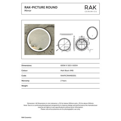 RAK Picture Round 600x600mm Matt Black Round Touch Sensor Illuminated Mirror IP44