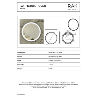 RAK Picture Round 800x800mm Brushed Nickel Round Touch Sensor Illuminated Mirror IP44