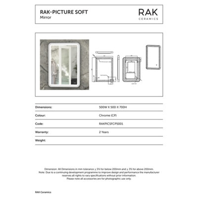 RAK Picture Soft 500x700 Chrome Square with Touch Sensor Illuminated Mirror IP44