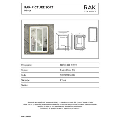 RAK Picture Soft 500x700mm Brushed Gold Square with Touch Sensor Illuminated Mirror IP44