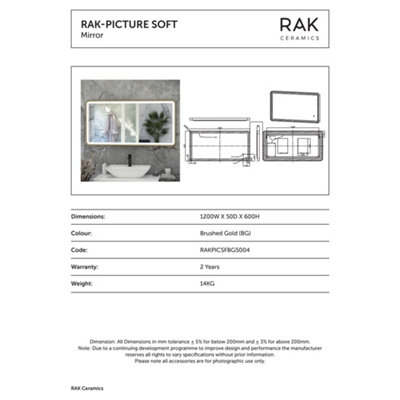 RAK Picture Soft 600x1200mm Brushed Gold Square with Touch Sensor Illuminated Mirror IP44