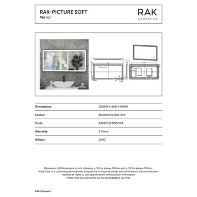 RAK Picture Soft 600x1200mm Brushed Nickel Square with Touch Sensor Illuminated Mirror IP44