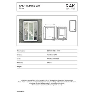 RAK Picture Soft 600x800mm Matt Black Square with Touch Sensor Illuminated Mirror IP44