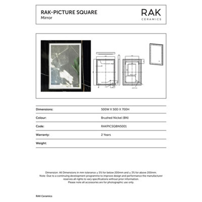 RAK Picture Square 500x700mm Brushed Nickel Square with Touch Sensor Illuminated Mirror IP44
