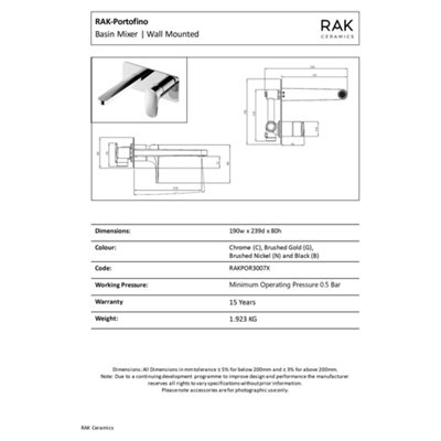 RAK Portofino Matt Black Modern Basin Wall Mounted Sink Mixer Tap Solid Brass