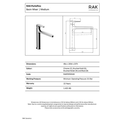 RAK Portofino Mid Height Matt Black Modern Basin Mixer Tap Solid Brass