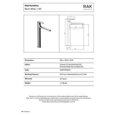 RAK Portofino Tall Polished Chrome Modern Basin Tap Solid Brass
