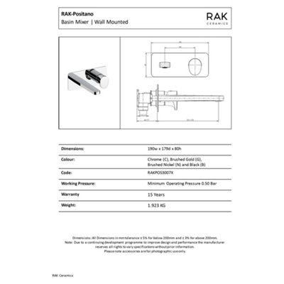 RAK Positano Matt Black Modern Basin Wall Mounted Sink Mixer Tap Solid Brass