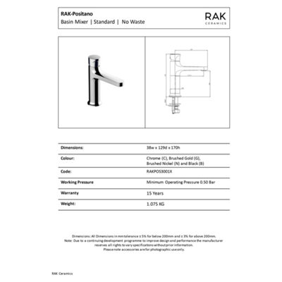 RAK Positano Polished Chrome Modern Basin Sink Mixer Tap Solid Brass