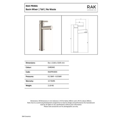 RAK Prima Tall Polished Chrome Modern Basin Tap Solid Brass