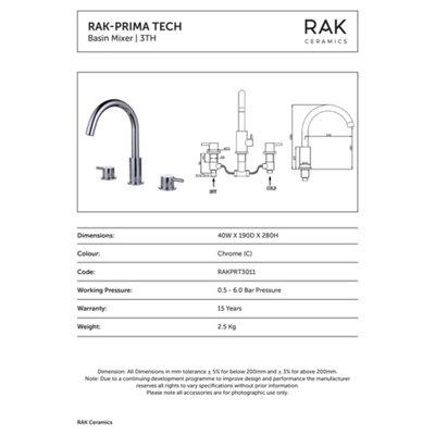 RAK Prima Tech Polished Chrome 3 Hole Modern Basin Mixer Tap Solid Brass