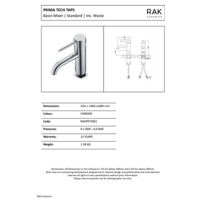 RAK Prima Tech Polished Chrome Modern Basin Sink Mixer Tap Solid Brass