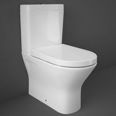 RAK Resort Mini D Shape Rimless Short Projection Close Coupled WC Toilet & Soft Close, Quick Release Wrap Over Seat