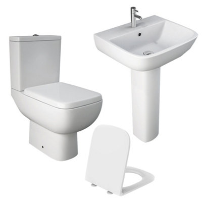 RAK S600 Close Coupled Toilet WC w/ Slim Line Seat and Pedestal & Basin Set