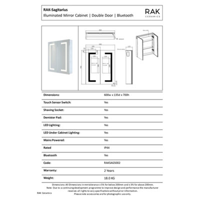RAK Sagittarius 600x700mm Silvery White Square IR Sensor Illuminated Mirror Cabinet IP44