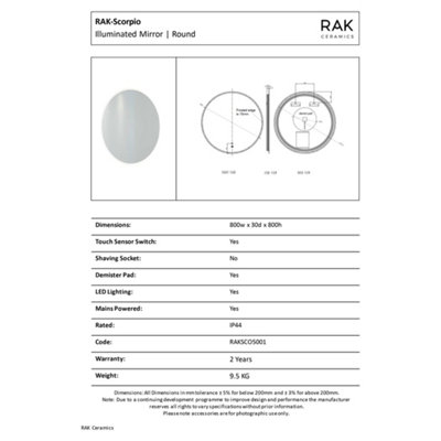 RAK Scorpio 800x800mm Silvery White Round Touch Sensor Illuminated Mirror IP44