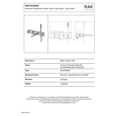 RAK Showering Brushed Nickel Horizontal Dual Outlet Thermostatic Bath Shower Mixer Tap