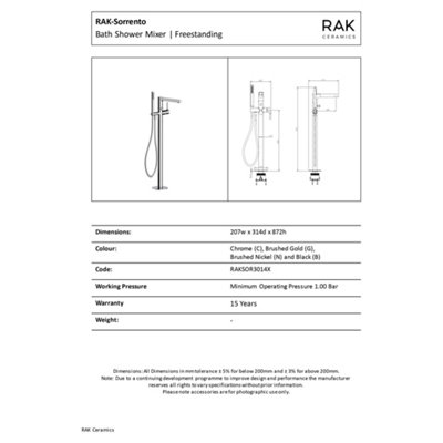 RAK Sorrento Matt Black Freestanding Bath Shower Mixer Tap Solid Brass
