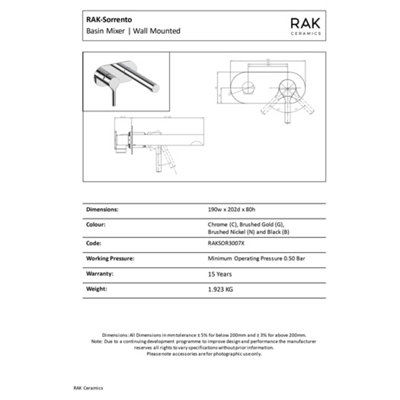 RAK Sorrento Polished Chrome Modern Basin Wall Mounted Sink Mixer Tap Solid Brass