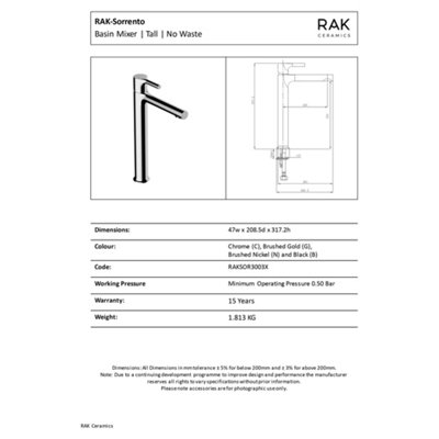 RAK Sorrento Tall Brushed Nickel Modern Basin Tap Solid Brass