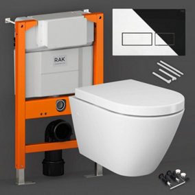 RAK Wall Hung Toilet Pan, Soft Close Seat & 0.82M Low Height Concealed Cistern Frame with Flush Plate