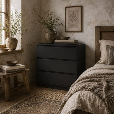 Rakami Wooden 3-Drawer Black Storage Chest 80W x 39D x 73H cm