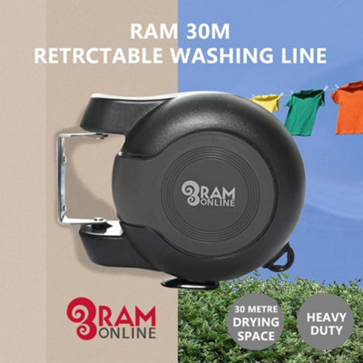 Ram 30 metre Retractable Reel Clothes Lines Black DIY at B Q