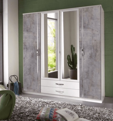 Ramina Concrete Grey and White 4 Door 2 Drawer German Wardrobe