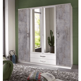 Ramina Concrete Grey and White 4 Door 2 Drawer German Wardrobe